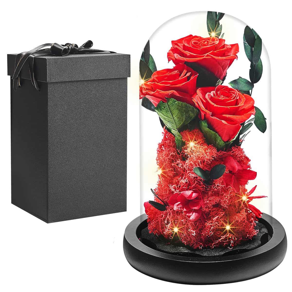 Rosa Eterna Regalo per Donne, Rosa Eterna in Cupola Vetro con Luci LED, Rose Stabilizzata Bella e la Bestia, Compleanno Festa Della Mamma San Valentino Anniversario Regalo per Moglie Mamma Fidanzata
