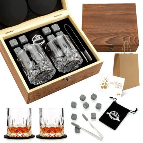 Set regalo di pietre raffreddanti per whisky, bicchieri di whisky in scatola di legno fatta a mano – fresco e senza diluizione. Perfetto per papà, marito e uomini.