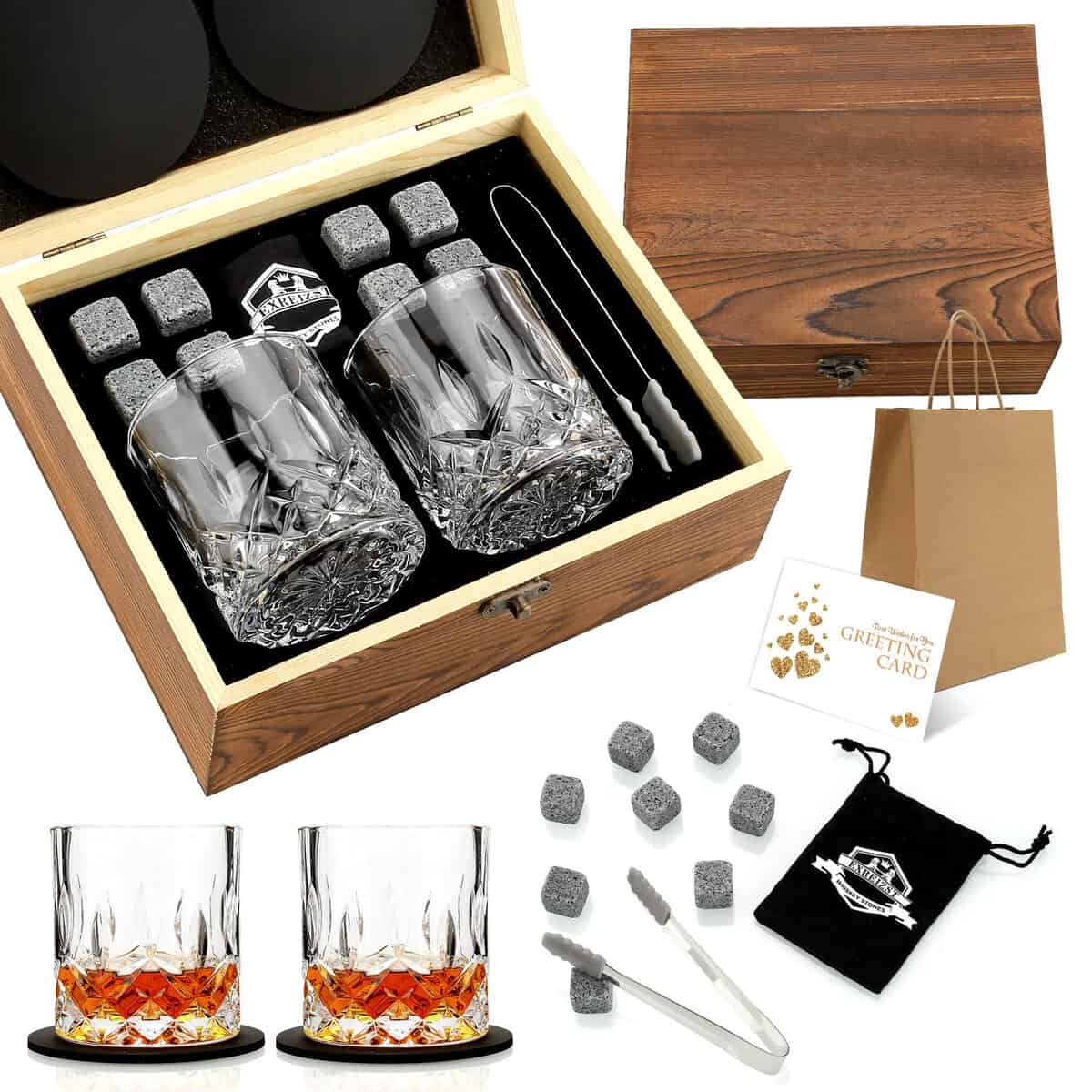 exreizst Whisky Stones, Whisky Glass Gift Set, Whisky Rocks Chilling Stones in Scatola di Legno Fatta a Mano – Fresco Senza Diluizione – Whisky Bicchieri Set di 2, Regalo per papà, Marito, Uomini