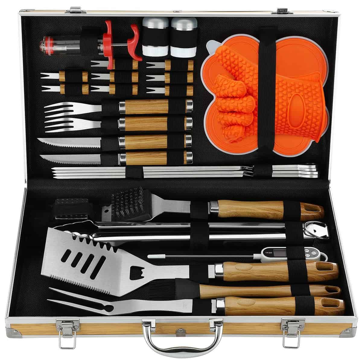 N NOBLE FAMILY Set Accessori Barbecue Premium con Manico Liscio in Bambù - 30 Pezzi Utensili Barbecue in Acciaio Inox con Valigia in Bambù - Kit Barbecue Unico Regalo per Uomini e Donne