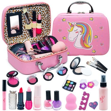 Set di trucchi per bambina con valigetta, 27 pezzi, anallergici, lavabili. Ideale come regalo di Natale o compleanno per bambine dai 3 ai 10 anni.