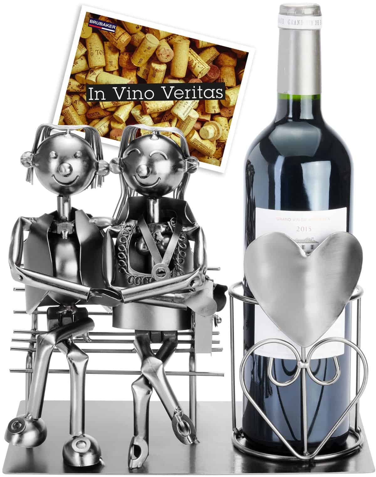 Brubaker Portabottiglie Amanti sulla Panchina - Portabottiglie da Vino Argento - Portabottiglie in Metallo Figura Amore - Regalo di Scultura in Metallo per Coppie Sposate con Carta Regalo