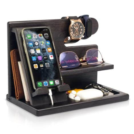 Stazione di ricarica Teslyar in legno per telefono, portafoglio e orologio. Ideale come regalo di Natale per lui, lei e papà.