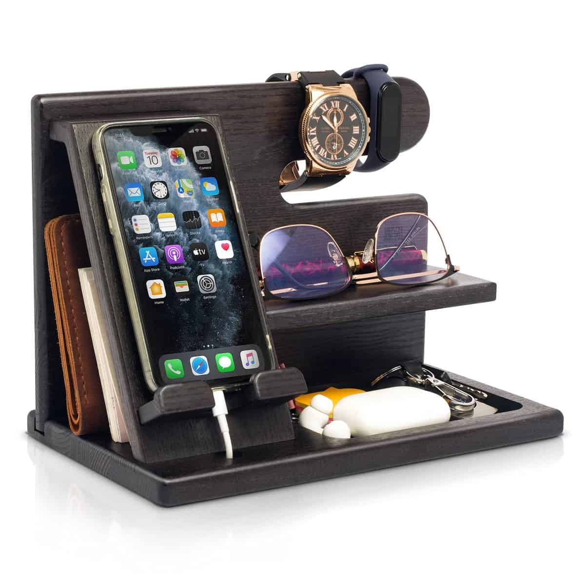 Teslyar Docking Station in legno per smartphone Supporto portafoglio Supporto orologio Regalo da uomo Marito Moglie Natale Regalo per papà Supporto da comodino Legno massello in frassino (Nero)