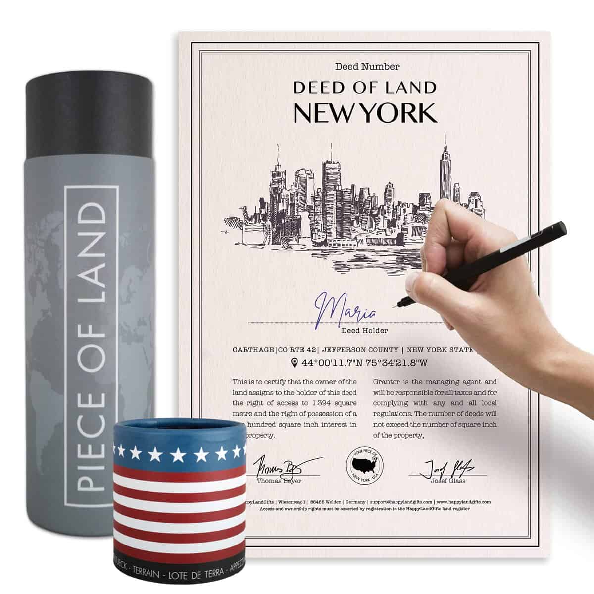 happylandgifts® Vero Pezzo di Terra - New York Certificato di proprietà terriera Personalizzato per Donne e Uomini | Idee Regalo