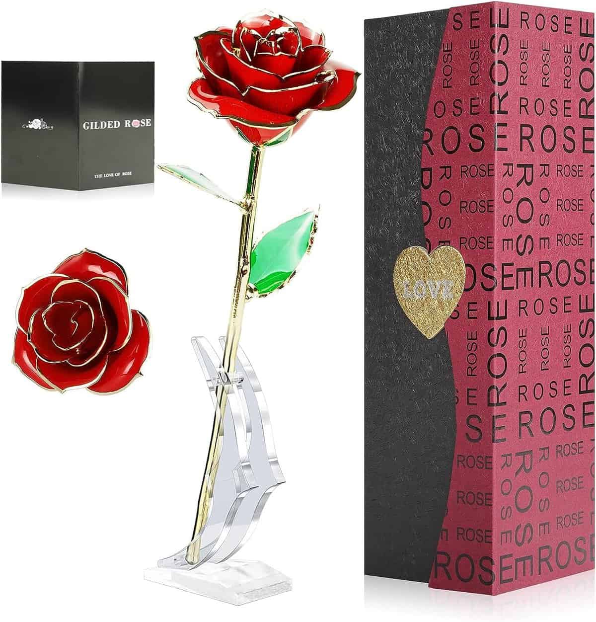 24k Rosa Placcato Oro,Rosa Eterna Stabilizzata con Supporto Rosa Artificiale Fiore Romantico Perfetto Regalo per Confezione Fidanzata, San Valentino,Fsta della Mamma,Anniversario,Matrimonio