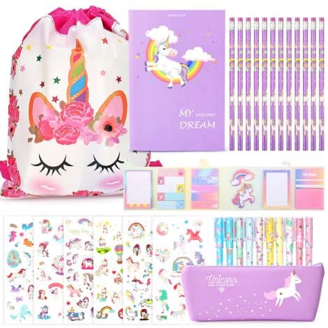 Set di cancelleria Unicorno regalo per ragazze di 6-12 anni, inclusi astuccio, penne colorate, matite, quaderni e adesivi.