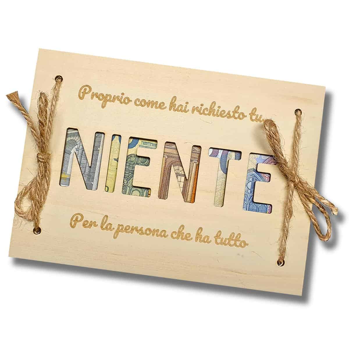 Regalo niente | Regalo scherzo, divertente | Regalo soldi, portasoldi, busta porta soldi in legno | Regalo festa papà, regalo compleanno originale | Il niente per chi ha già tutto (NIENTE)