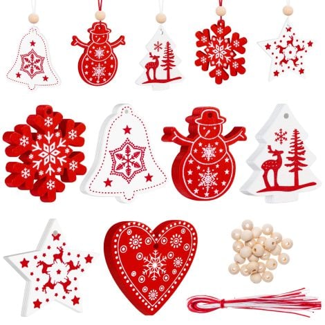 Kiiwah – 30 Ornamenti Natalizi in Legno per Albero da Appendere, DIY Bianco e Rosso (6 Stili)