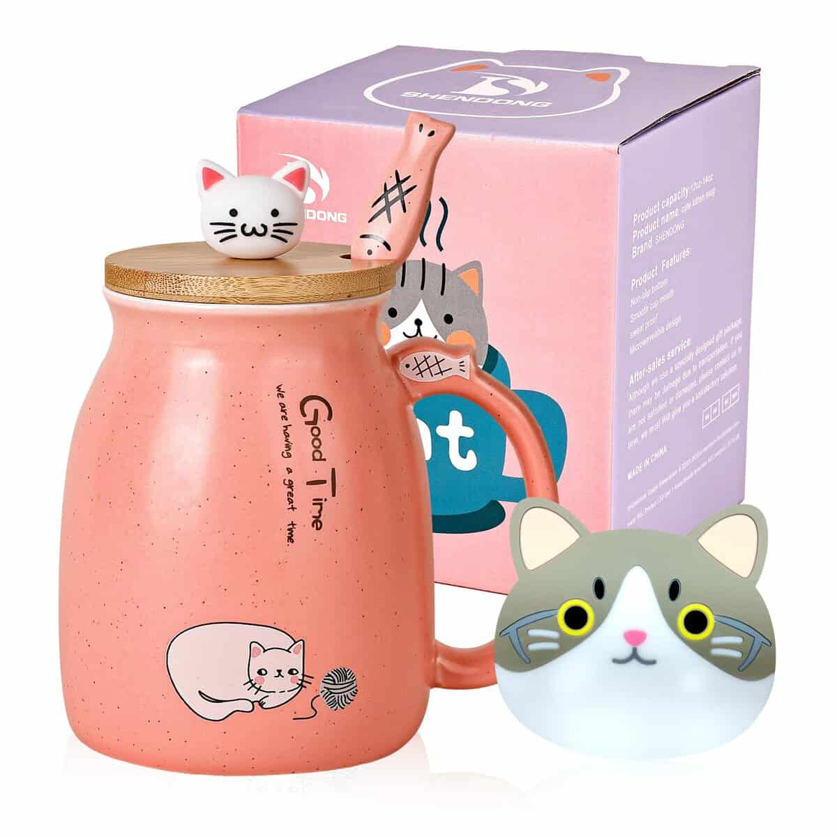 Tazza di gatto carino in ceramica con coperchio e cucchiaio in legno, Kawaii Tazza del mattino della novità Tazze da tè, latte per amanti dei gatti Donne rosa