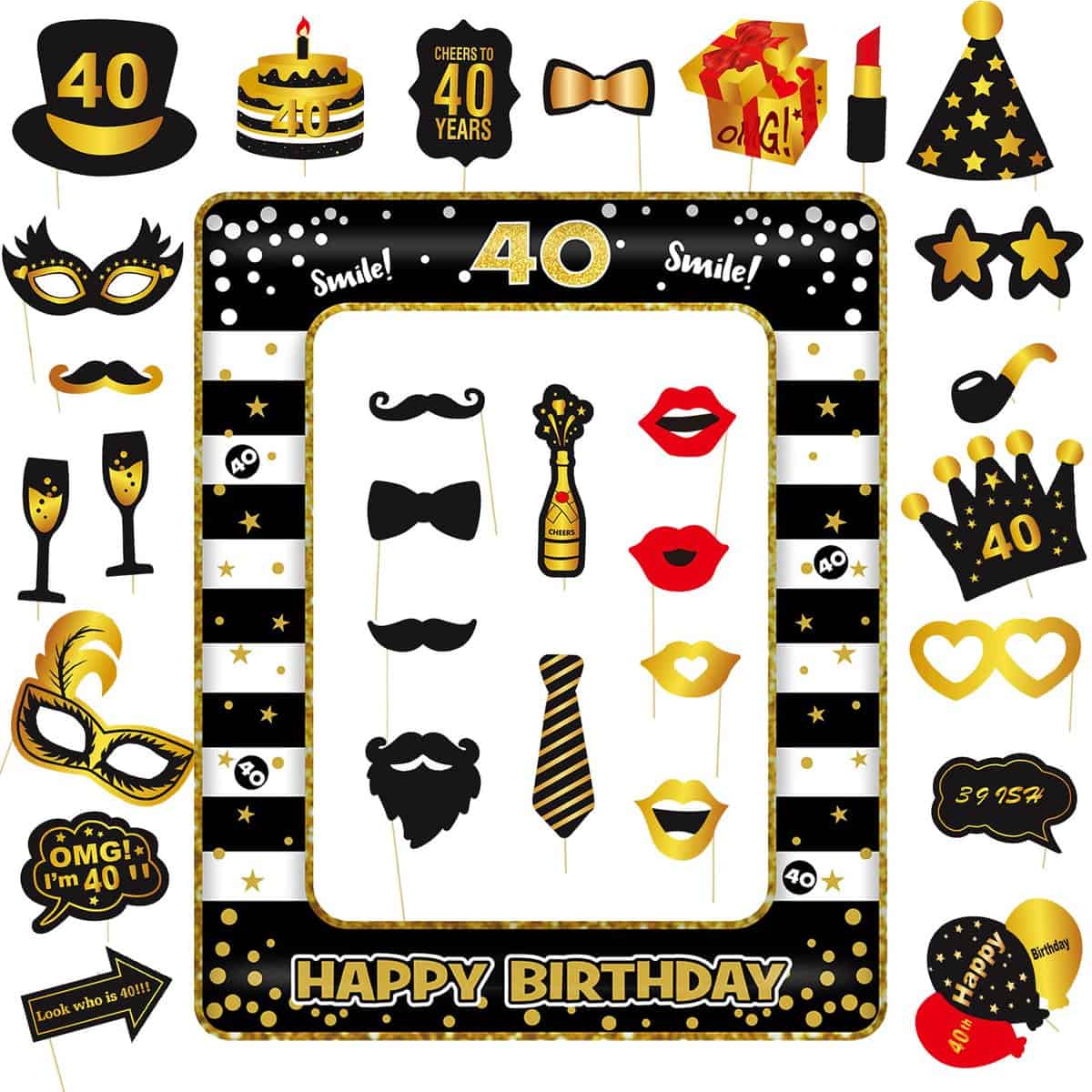 32 Pezzi Photo Booth Compleanno 40 Anni, VEGCOO Gadget Foto Props Accessori Kit, Puntelli per Cabine Fotografiche Accessori Photo Booth per Festa Celebrazione (40)