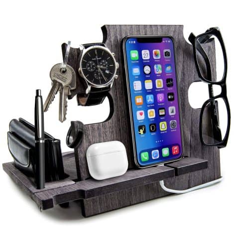 Stazione di ricarica in legno, organizzatore da scrivania, portaoggetti – regalo ideale per lui a Natale (grigio).