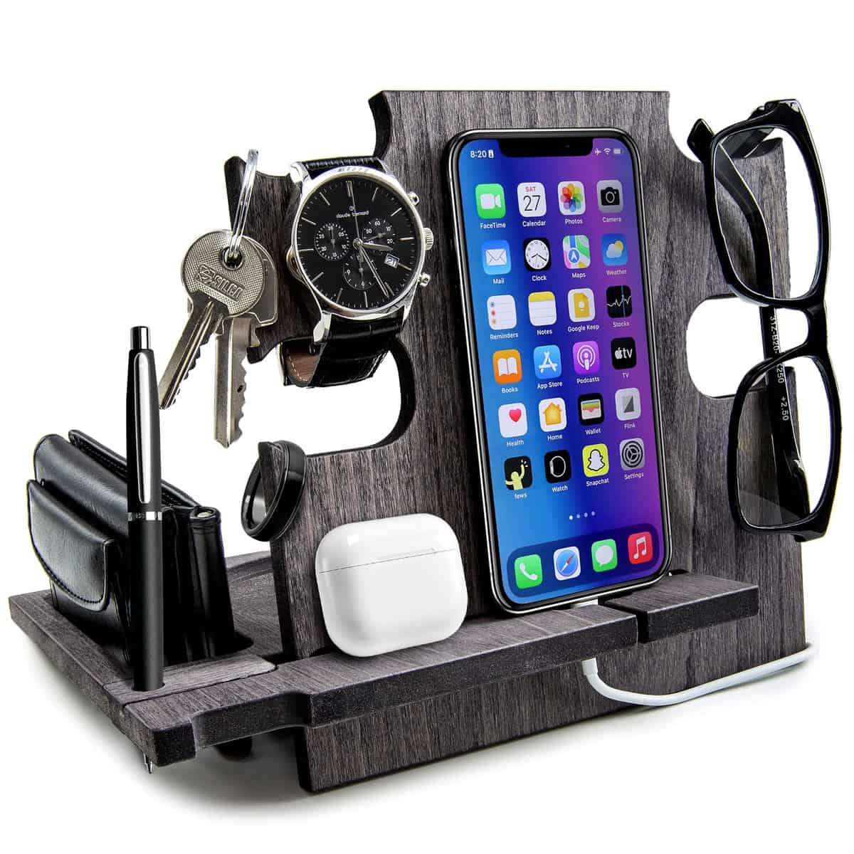 Docking Station in Legno, Organizzatore da Scrivania, Portaoggetti - Idea Regalo da Uomo, Regalo di Natale per Lui (Grigio (ardesia))