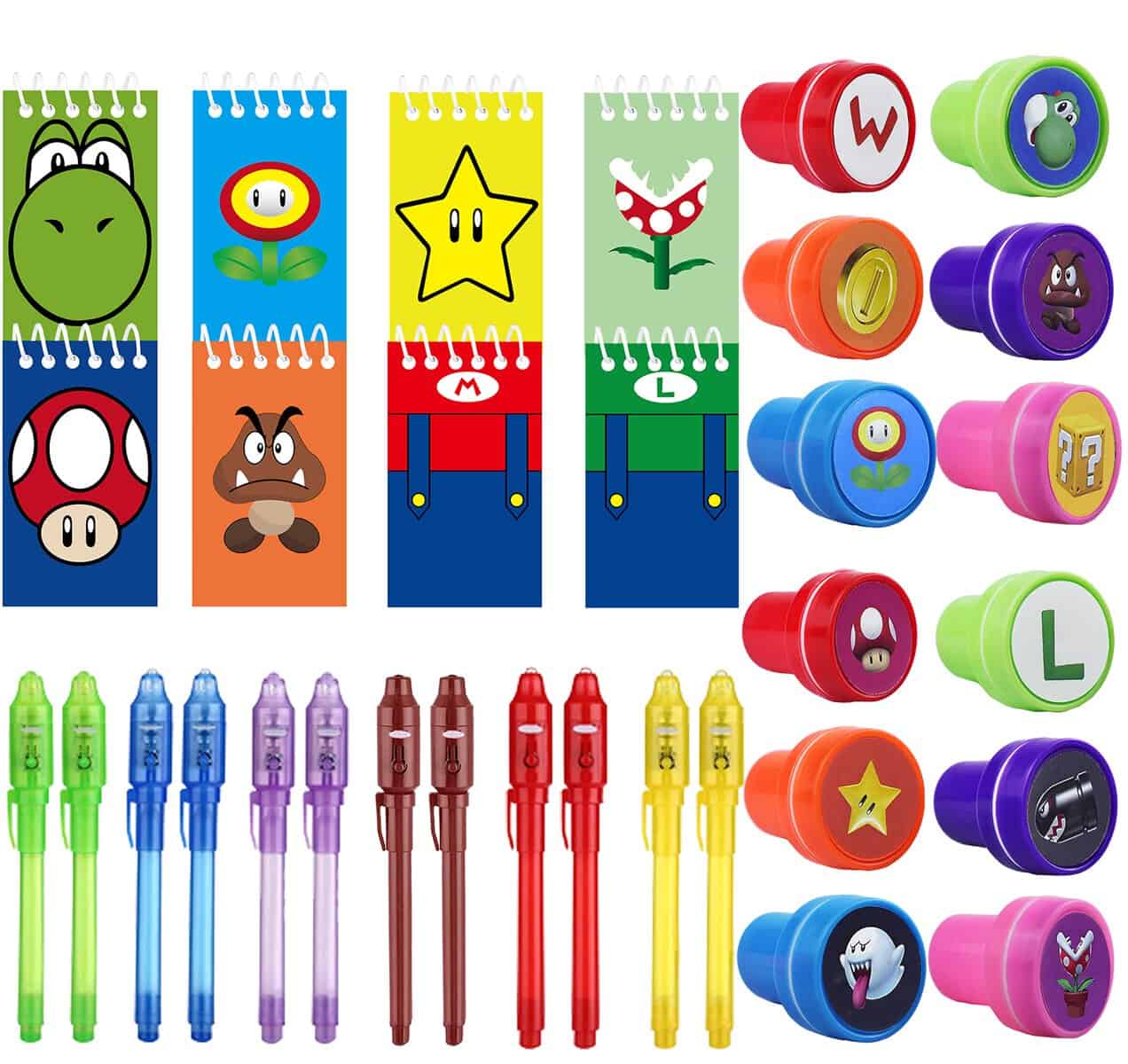 jiaoohoo Super mar compleanno per bambini, ragazze e ragazzi, regalo per gli ospiti, calendario dell'Avvento e piccoli regali per bambini,12 penne UV,12 taccuini,12 timbri per bambini. (MLA-BQ-YZ)