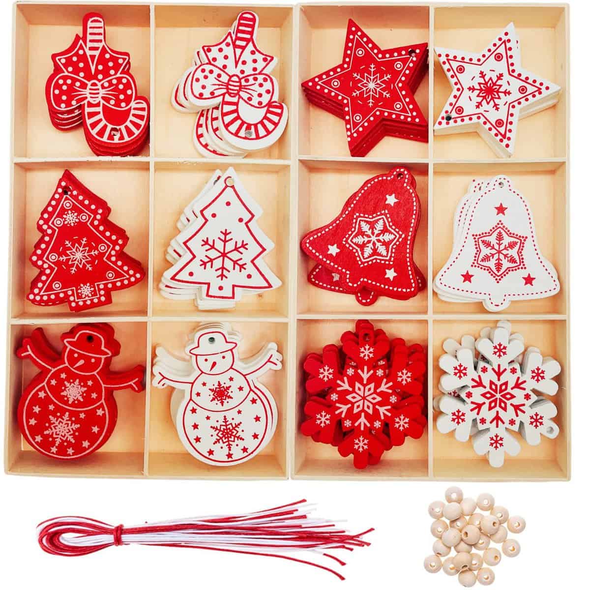 TLOXO 60 Pz Ornamenti Natalizi in Legno da Appendere 2pz Scatola Immagazzinaggio Decorazioni Legno per Albero di Natale Abbellimenti Ornamenti Decorativi Appeso DIY Artigianat