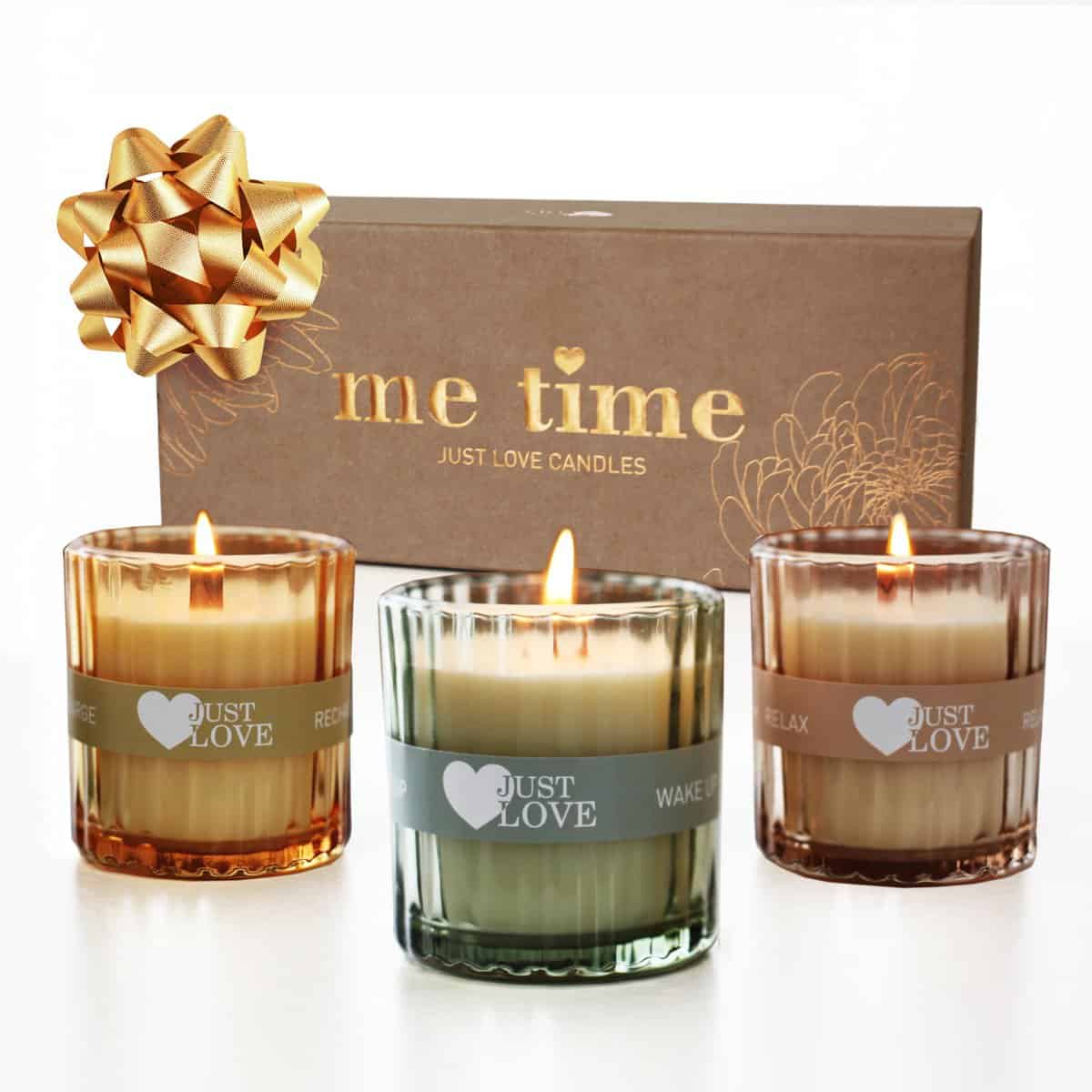 JUST LOVE® "me time" - Set di candele profumate per il tuo umore personalizzato, regalo per donne, regali di Natale, candela profumata in bicchiere, migliori amiche
