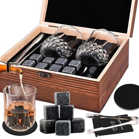 Set di Regalo con Pietre Raffreddanti e Bicchieri per Whisky: 8 Pietre Rinfrescanti, 2 Bicchieri da Bar, 1 Pinza per Pietre da Scotch, 2 Sottobicchieri, Ideale per Uomo e Donna; Riutilizzabili.