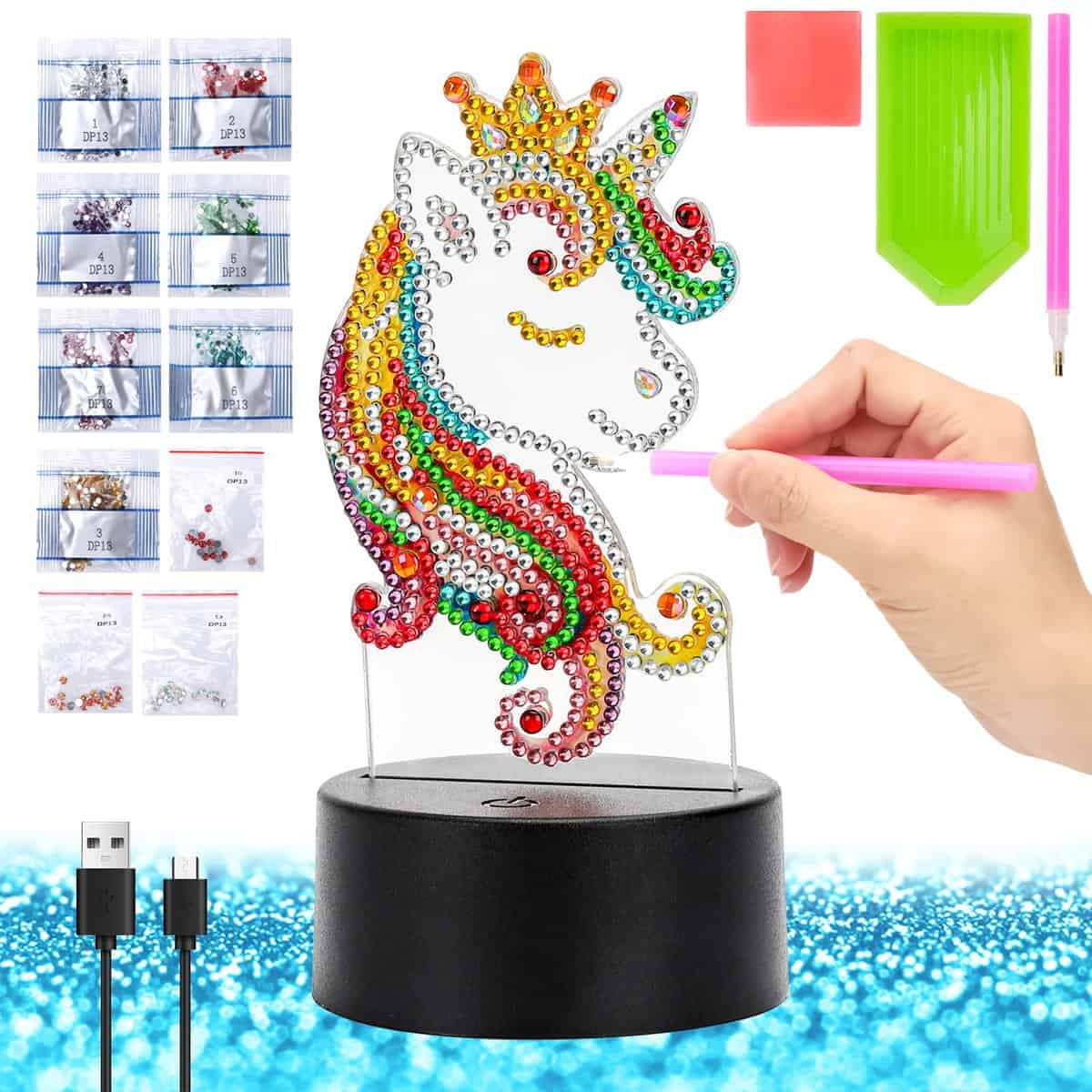 Idea Regalo Ragazza 5 6 7 8 9 10 Anni Kit Unicorno: Diamond Painting per Bambina, per Comunione, Compleanno, Natale, Mosaico Lampada