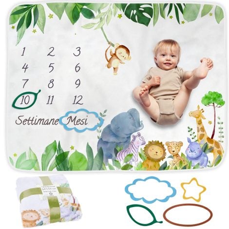 ODOXIA Coperta e Tappeto per Neonati a Tema Safari con Cornici, Regalo Baby Shower Personalizzato.