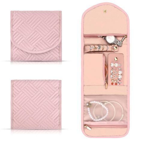Rotolo Organizer per Gioielli da Viaggio Tuaeccki, ideale per le donne che vogliono portare con sé anelli, orecchini, collane, orologi e braccialetti. Disponibile in rosa, comodo e pieghevole.