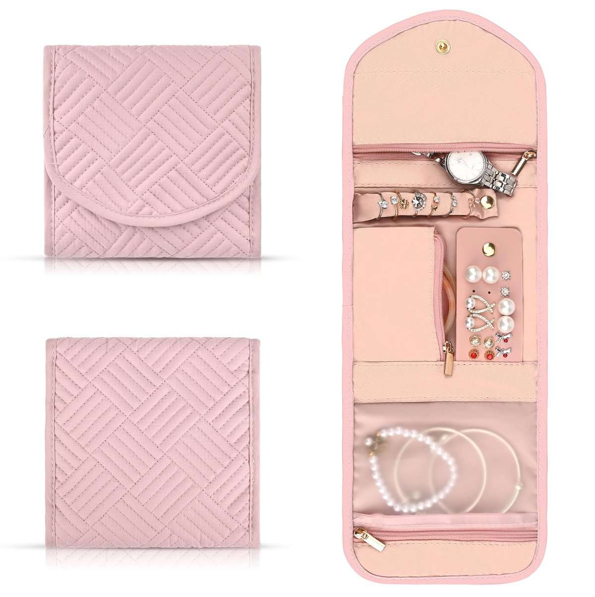 Tuaeccki Rotolo per Portagioielli Organizer per Gioielli da Viaggio per Donne Pieghevole Porta Gioielli da Viaggio Rotolo Porta Gioielli per Anelli Orecchini Collane Orologi Bracciali, Rosa Piccolo