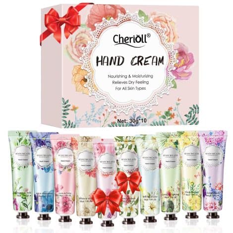 Pacco regalo con creme riparatrici per le mani, 10 creme in formato da viaggio, ideali per donna.