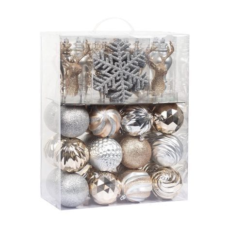 Set di 54 palline di Natale, decorazioni per l’albero con palline di plastica argento e champagne, fiocchi di neve e alci.