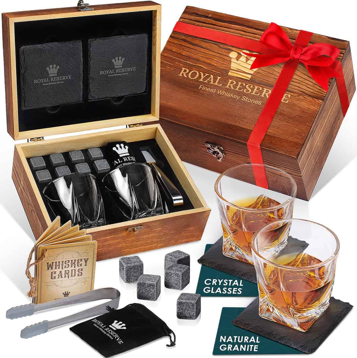 Set Whisky Regalo Uomo – Set Bicchieri da Whisky, Cubetti di Ghiaccio Riutilizzabili Pietre, Sottobicchieri, Pinza per Ghiaccio, Scatola di Legno, Sacchetto di Velluto, da Royal Reserve