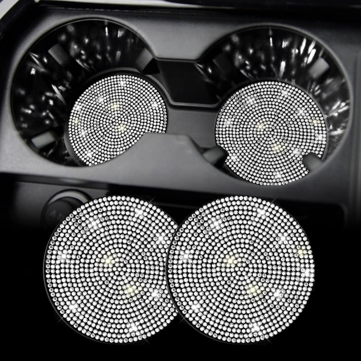 SINGARO 2 sottobicchieri per portabicchieri per auto, universali, antiscivolo, sottobicchieri decorativi integrati, accessori per interni dell'auto in cristallo lucido, regali per donne (bianco)