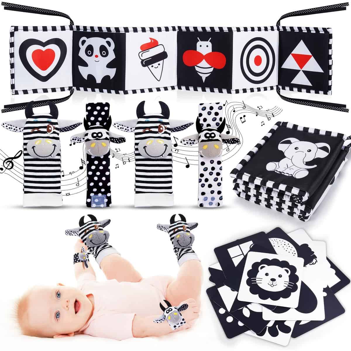 HappyKidsClub Giochi Neonato 0-12 Mesi, Libro Sensoriale Bianco e Nero Neonati Sonaglio Neonato 0-9 Mesi Tummy Time Regalo Nascita Neonato Maschio Femmina Giochi Montessori Sensoriali per Neonati