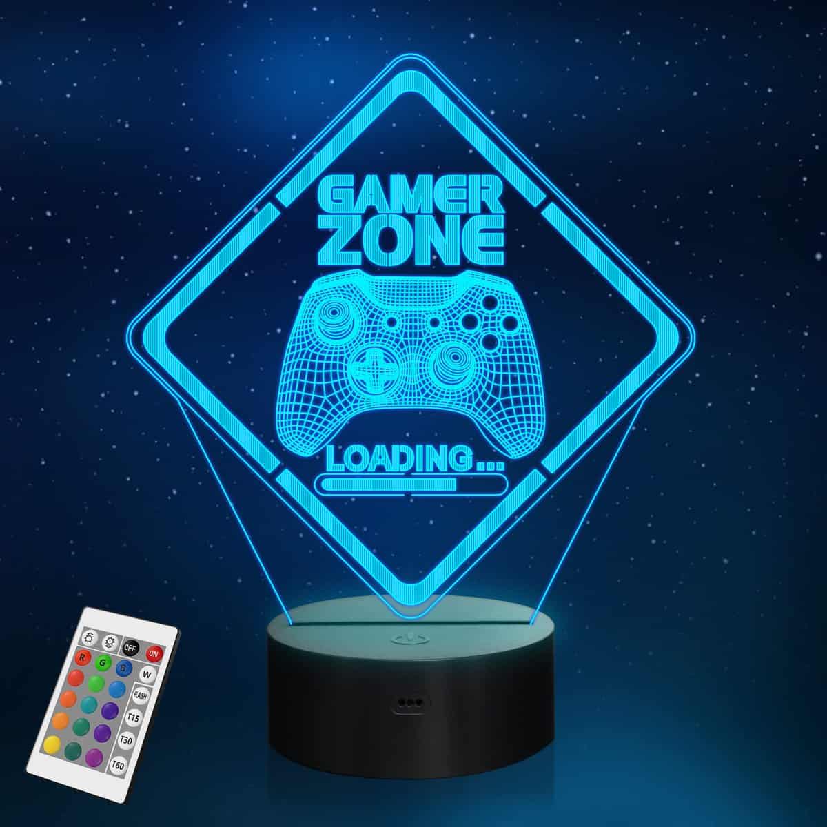Gamer Zone - Luce notturna per gamepad videogiochi grafici gamer regalo divertente Lampada illusione 3D in 16 colori che cambiano timer e telecomando per uomini, ragazzi