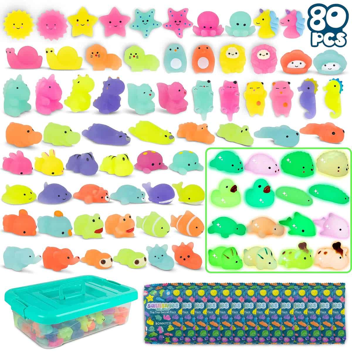 Squishy Piccoli Gadget Compleanno Bambini Pack 80 - BONNYCO | Regalini Fine Festa Compleanno Che Si Illuminano Al Buio, Gadget Compleanno Bambina i Bambino, Regalini Compleanno Bambini Invitati Kawaii