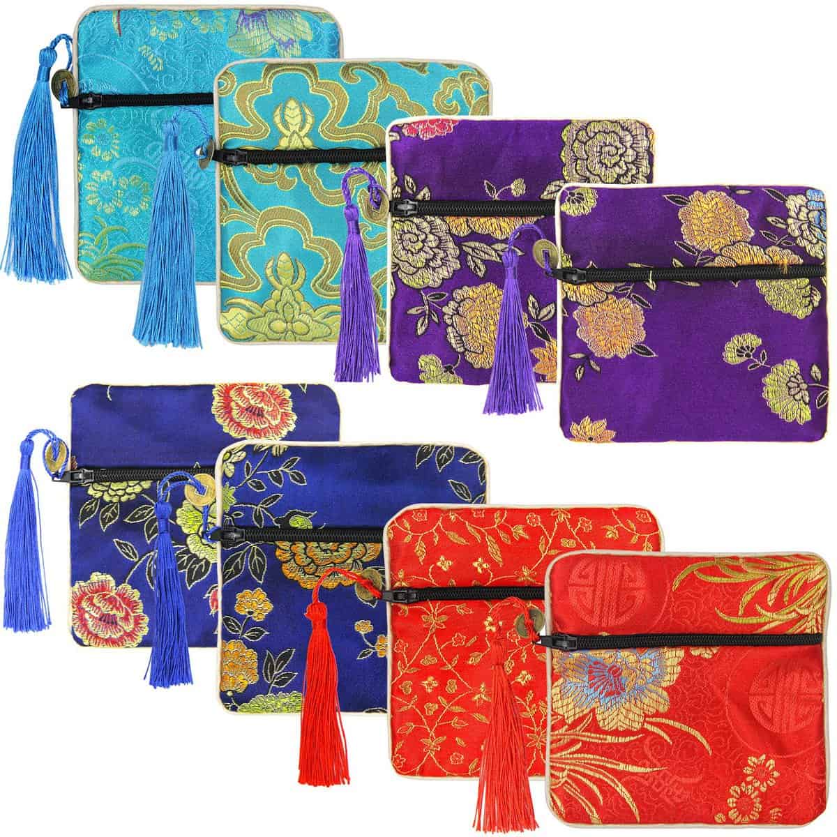 Pinowu 8 sacchetti per gioielli in broccato di seta con cerniera (11,5 x 11,5 cm), sacchetti regalo per donne, monete, viaggi, gioielli, matrimoni, compleanni, feste, bomboniere