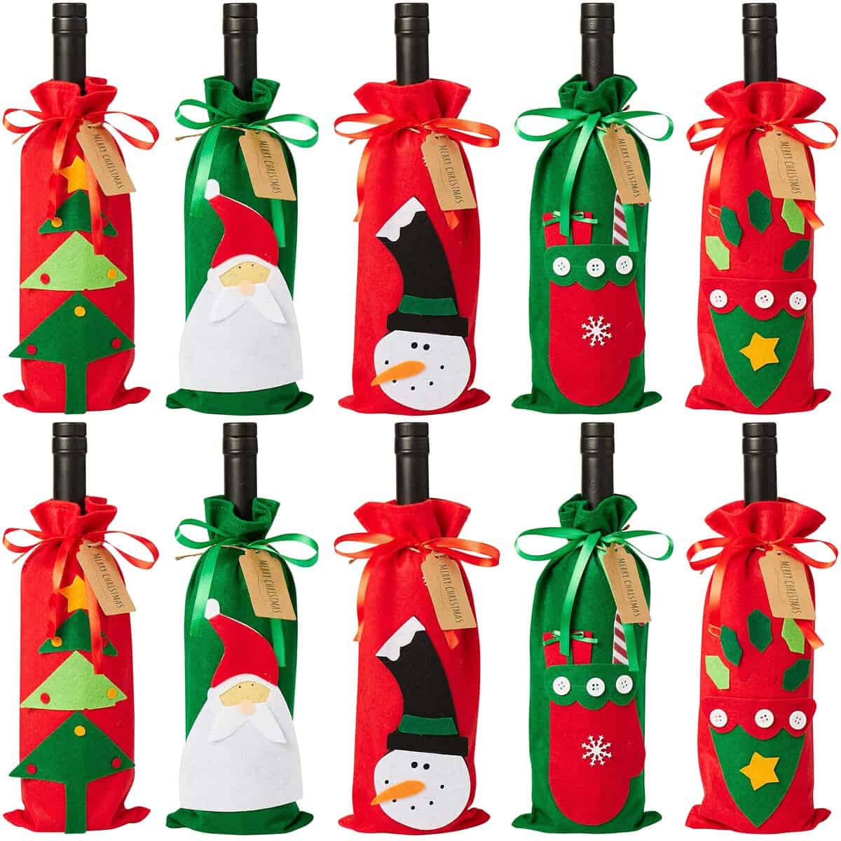 THE TWIDDLERS - 10 sacchetti regalo per vino, copribottiglie con coulisse e cartellini regalo, decorazioni riutilizzabili per feste natalizie - 5 diversi design