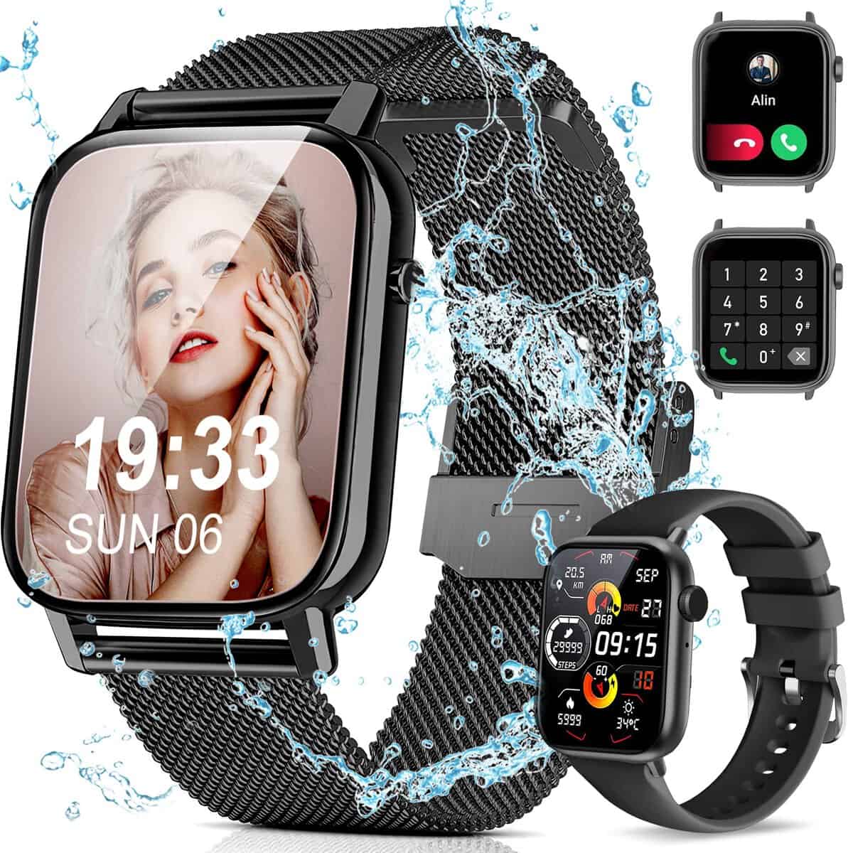 Tisoutec Smartwatch Uomo Donna,2 Cinturini Orologio Chiamate e Whatsapp,Contapassi Assistente Vocale, Orologio Digitale 24H Cardiofrequenzimetro, Pressione Sanguigna SpO2 Sonno,Regalo Android iOS