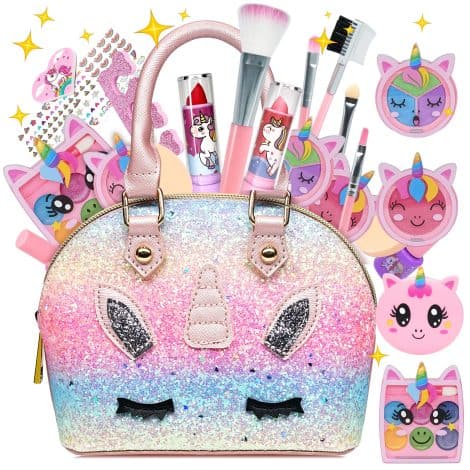 Set di trucchi Unicorno per bambine, con 22 pezzi anallergici, lavabili e valigetta regalo per Natale e compleanni.