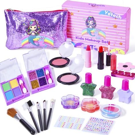 Kit di make-up per bambini Yetech, con 23 pezzi di cosmetici sicuri, borsa a forma di sirena inclusa. Regalo ideale per festività o compleanni ragazze 4-8 anni.