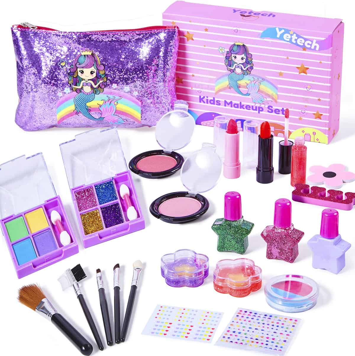 Yetech Set Trucco Lavabile per Bambini, 23 Pezzi Testati per la Sicurezza Kit di Cosmetici Veri per Bambini con Borsa a Sirena Regalo di Compleanno di Natale Giocattolo per Ragazze età 4 5 6 7 8