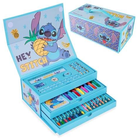 Set di Pittura Disney – Valigetta con 30 Matite, Pastelli e Gadget Stitch, ideale come regalo per bambine.