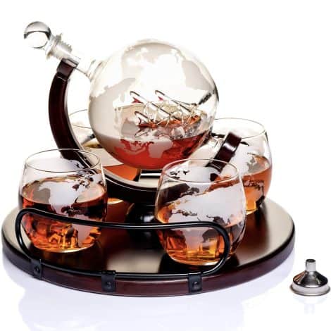 Set Decanter Whisky Globo con Base in Legno (850 ml), per Liquori, Bourbon e Vodka, Confezione Regalo di Alta Qualità per Uomo.