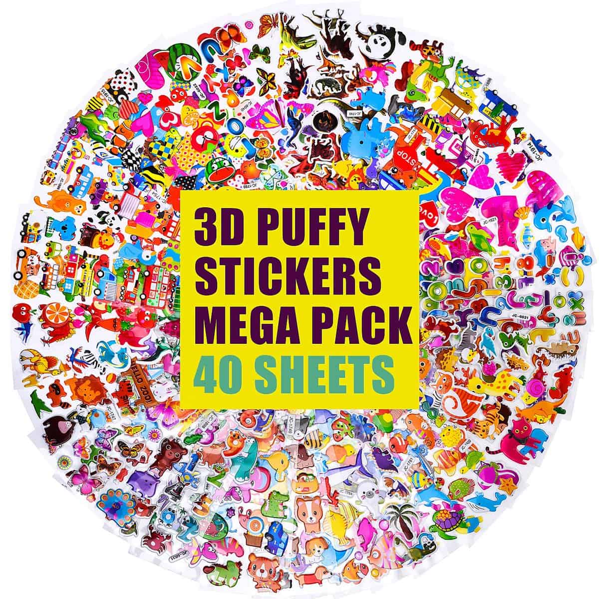 Adesivi 3D per bambini 1200+ adesivi gonfi per bambini Adesivi sfusi per regalo di compleanno ragazza ragazzo, scrapbooking, insegnanti, bambini piccoli, inclusi animali e altro (40 fogli diversi)