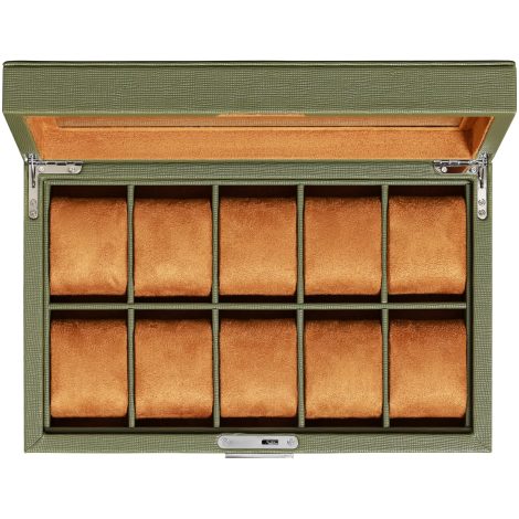 ROTHWELL – Custodia in pelle per orologi con 10 scomparti – organizer per gioielli – con lucchetto e vetro superiore – Scatola Elegante