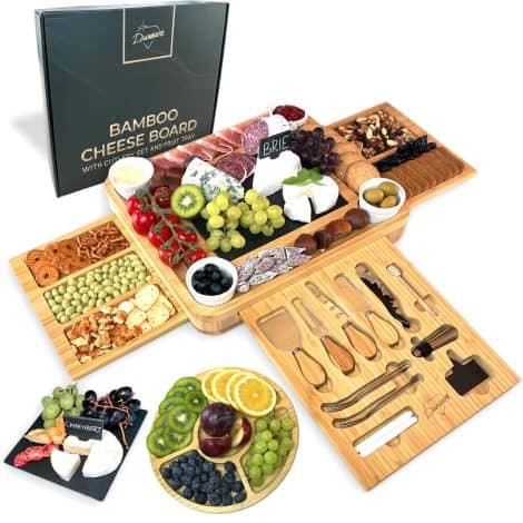 Set di tagliere in bamboo, coltelli, ciotole di ceramica e apribottiglie per serate gourmet. Regalo ideale per compleanni e Natale. Dimensioni extra grandi.
