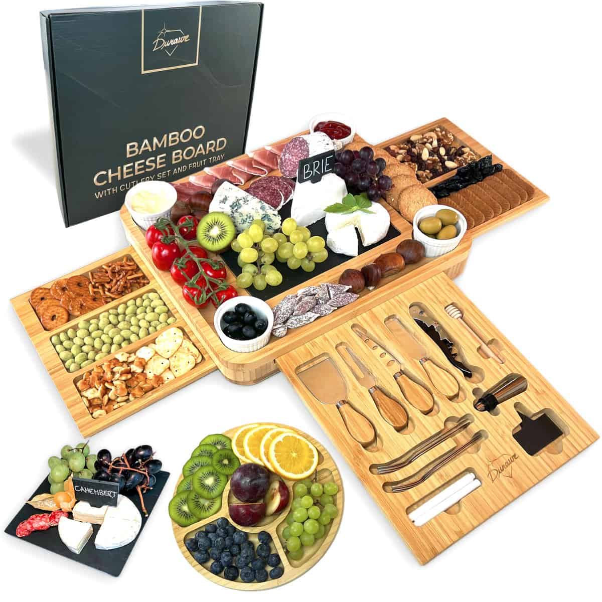 Tagliere in Bambù per Formaggi e Set di Coltelli, Ciotole di Ceramica e Apribottiglie - Tagliere Salumi Legno, Ideale per Serate Gourmet, Regali di Compleanno, Regali di Natale per Donne, Extra Grande