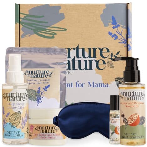 “Prodotti per la cura del corpo per mamme: Burro corpo, Olio doccia, Roll-on essenziale, Sali da bagno Epsom, Maschera occhi, Regali per gravidanza.”