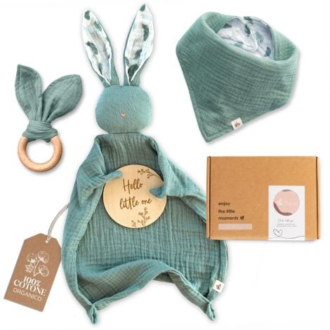 Set Neonato MIKITO, Accessori in Cotone Bio Mussola con Doudou, Massaggia Gengive, Bavaglino neonato. Perfetto regalo per baby shower, neo genitori!