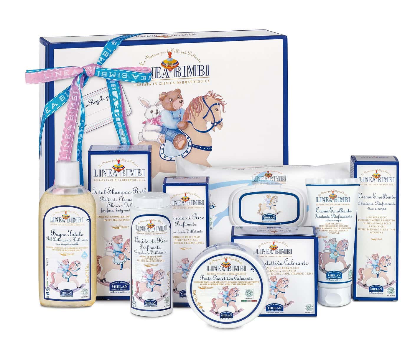 Helan, Linea Bimbi - Dolce Benvenuto Set Bagnetto Neonato con Shampoo Bagnoschiuma Bambini 250ml, Amido di Riso Bagnetto Neonato 75gr, Salviette Neonato 60Pz, Crema Cambio Pannolino 100gr, Crema 100ml