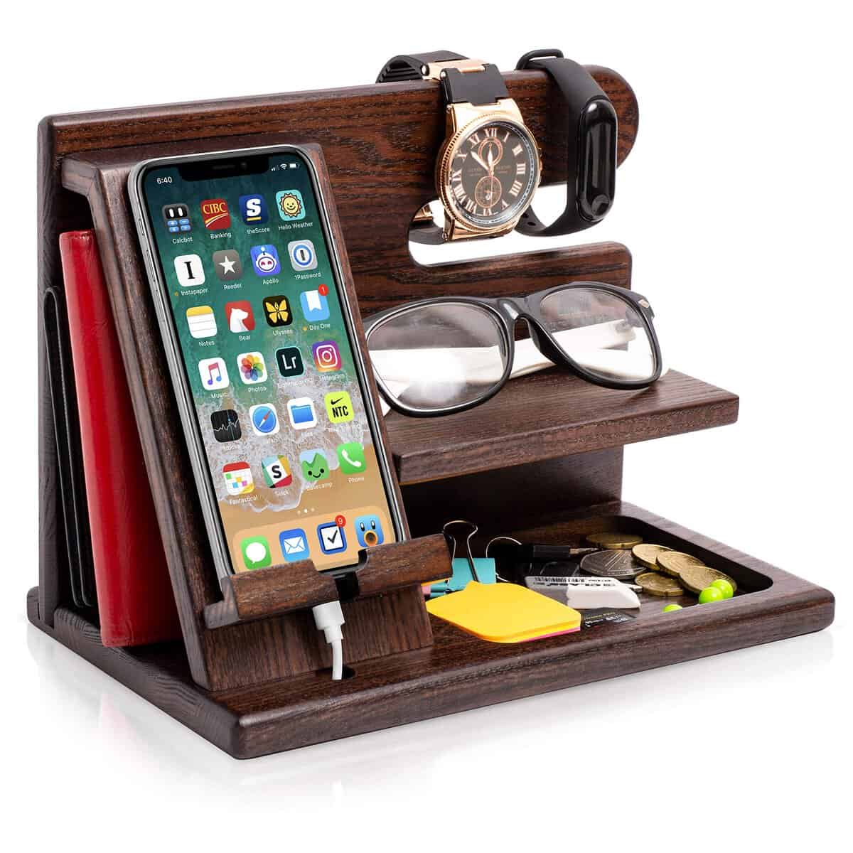 Teslyar Docking Station in legno per smartphone Supporto portafoglio Supporto orologio Regalo da uomo Marito Moglie Natale Regalo per papà Supporto da comodino Legno massello in frassino (Marrone)