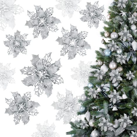 Set di 21 Fiori Argento per Albero di Natale con 3 Taglie, ideali per decorare la casa durante le festività natalizie.
