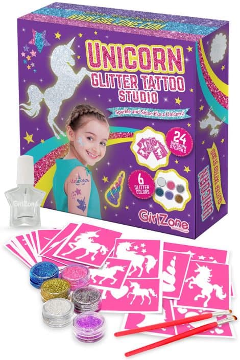 Set per tatuaggi glitter unicorno: ideale come regalo per ragazze, include 33 pezzi con glitter, stencil e tatuaggi riutilizzabili.
